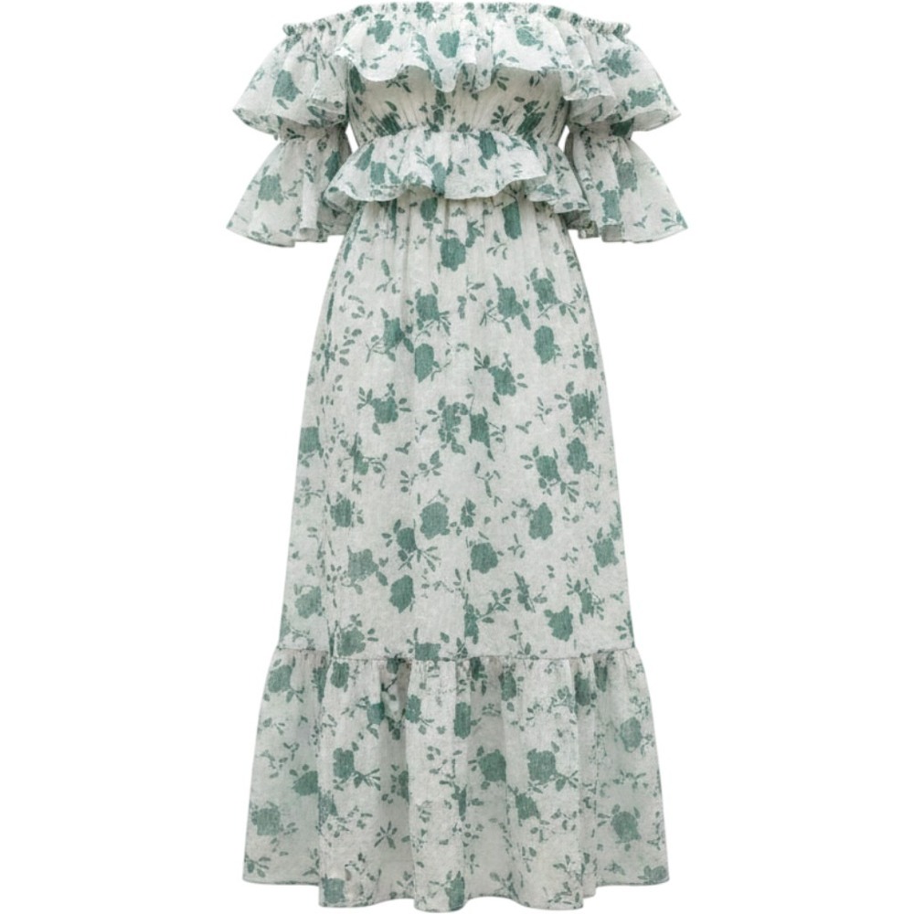 Hudson‎ Gray Floral Off The Shoulder Maxi Dress Green White Ruffle Tiered Small